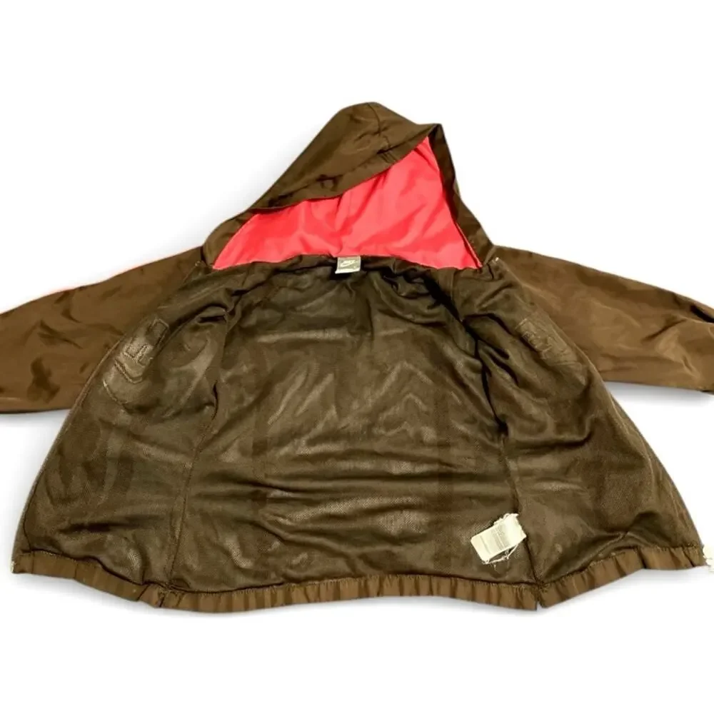 Nike Girl's Hooded Windbreaker Jacket 5 Brown Pink Front Logo Full Zip Up Coat